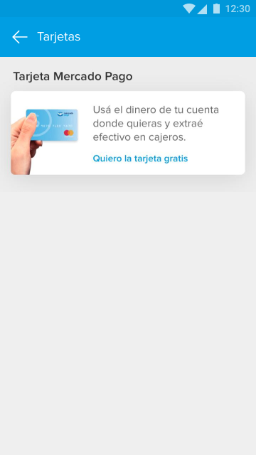 Aplicación de Mercado Pago donde se pode pedir la tarjeta desde la opción Quiero la tarjeta gratis